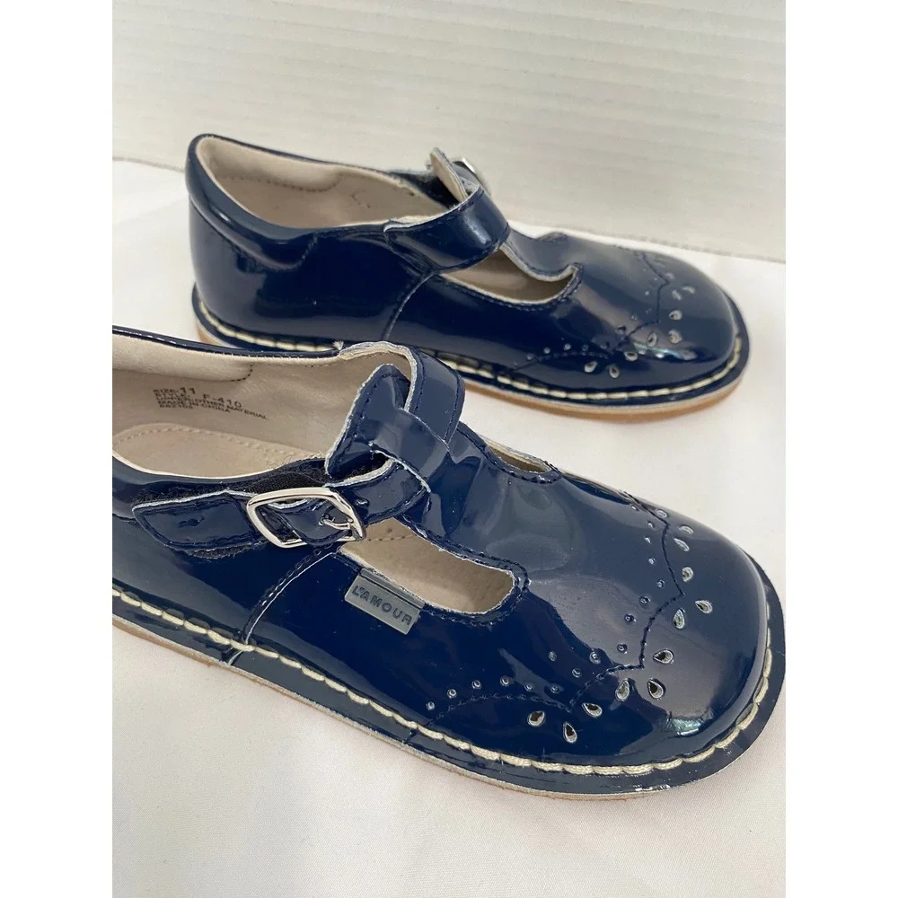 L'Amour Mary Jane T-Strap Girls Size 11 Navy Blue Patent Brogue Dress Shoes